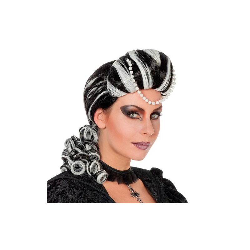 Perruque renaissance luxe pour femme, cheveux noirs et blancs avec perles