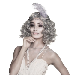 Perruque charleston grise avec bandeau à plume