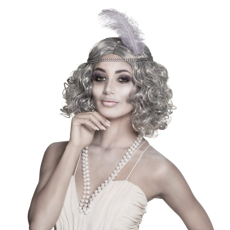 Perruque charleston grise avec bandeau à plume