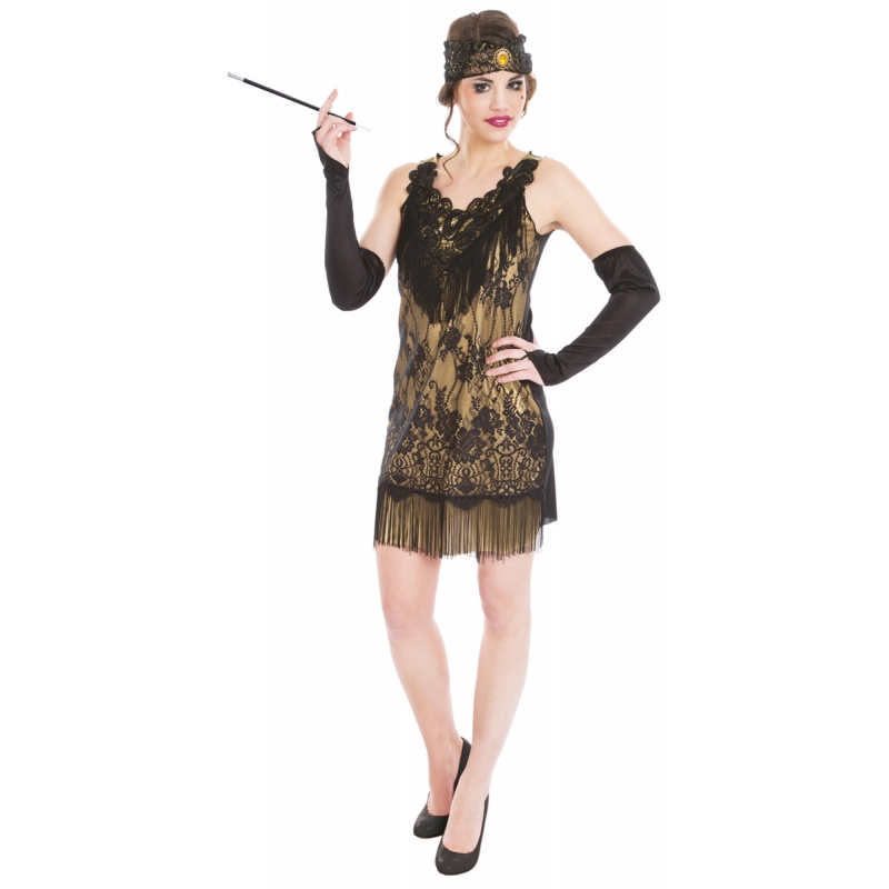 Déguisement Charleston pour femme couleur noir et or avec dentelle