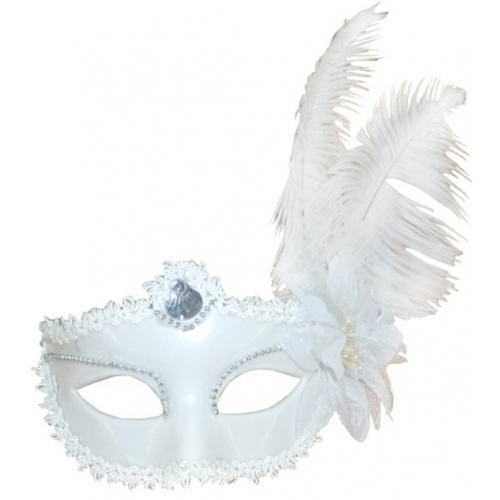 Loup blanc avec fleur et plumes - masque marquise