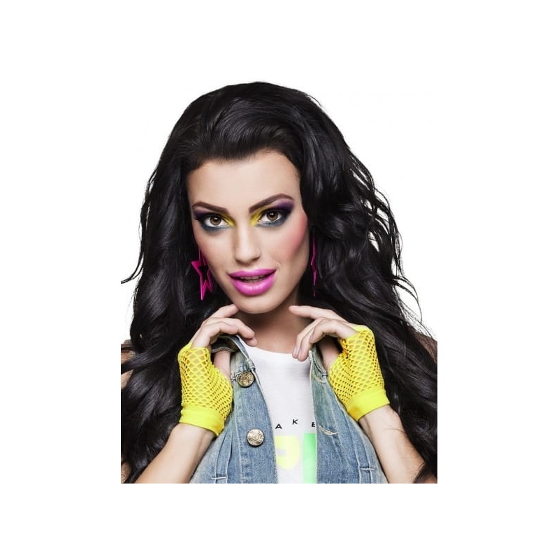 Paire de mitaines couleur jaune fluo en résille pour accessoiriser vos tenues thème années 80