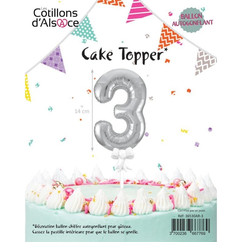Cake Topper, ballon pour décorer un gâteau d'anniversaire, chiffre 3 de couleur argent