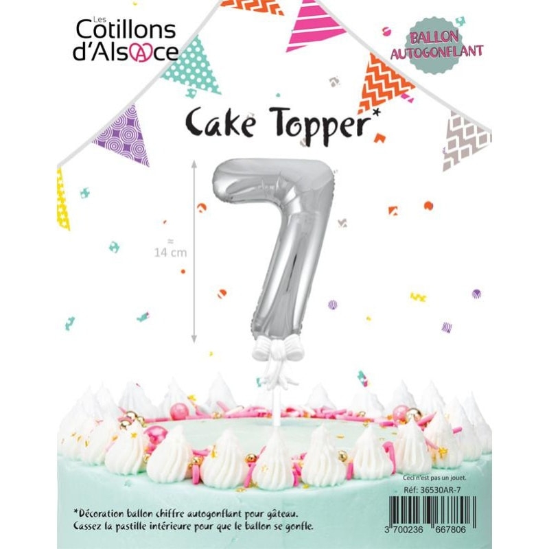 Cake Topper, ballon chiffre 7 de couleur argent idéal pour réaliser une décoration de gâteau d'anniversaire