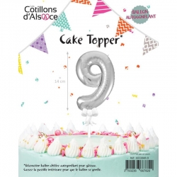 Cake Topper, Ballon pour la décoration de gâteau d'anniversaire -chiffre 9 de couleur argent