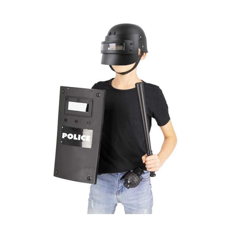 Accessoires de policier pour déguisement avec , un bouclier, un casque, une matraque et une grenade.