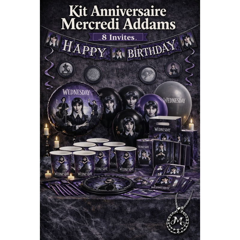 Kit décoration anniversaire Mercredi Addams pour 8 personnes