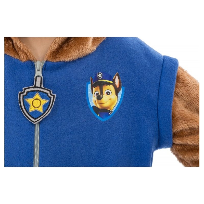Badge Chase sur la veste du costume peluche Pat Patrouille pour enfant