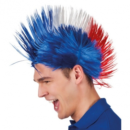 Perruque Punk Crête Tricolore Bleu Blanc Rouge