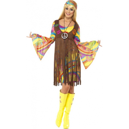 deguisement hippie femme psychédélique avec robe, gilet et bandeau 
