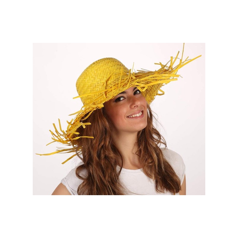 Chapeau jaune en feuille de palmier - deguisement fermière, hawaienne