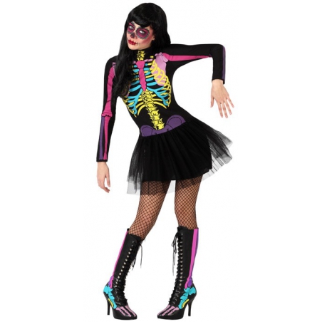 deguisement squelette fluo femme, robe à longues manches - costume halloween