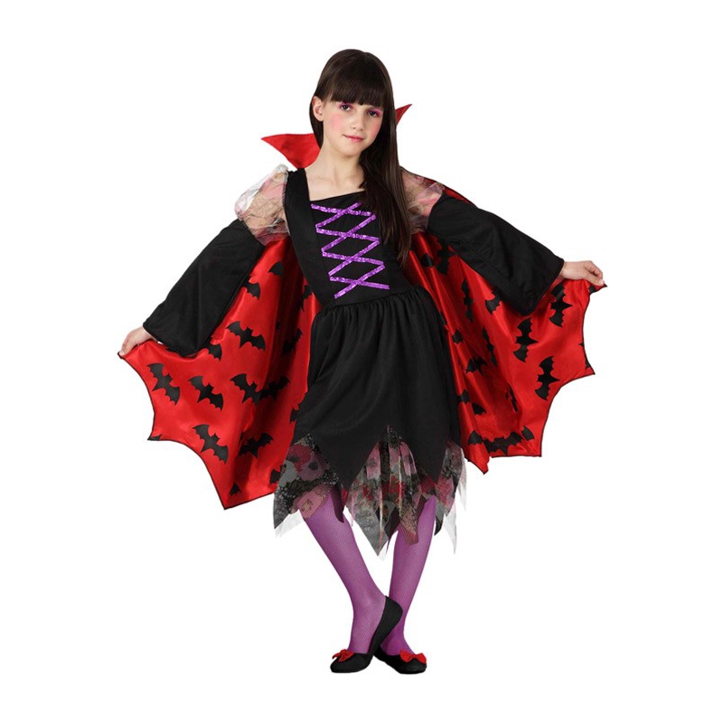 Déguisement Vampire Fille – Robe Gothique Dracula Noire/rouge, Col Montant, Manches Cloche, Polyester, 5-12 Ans, Avec Collier