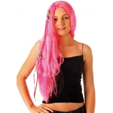 longue perruque rose avec bijoux - perruque hippie