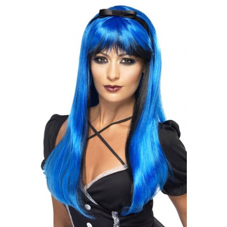 longue perruque bleue et noire pour femme - déguisements sorcières et mangas
