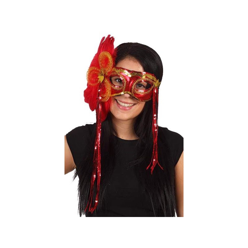 Masque à paillettes, loup rouge et or avec plumes - masques femme